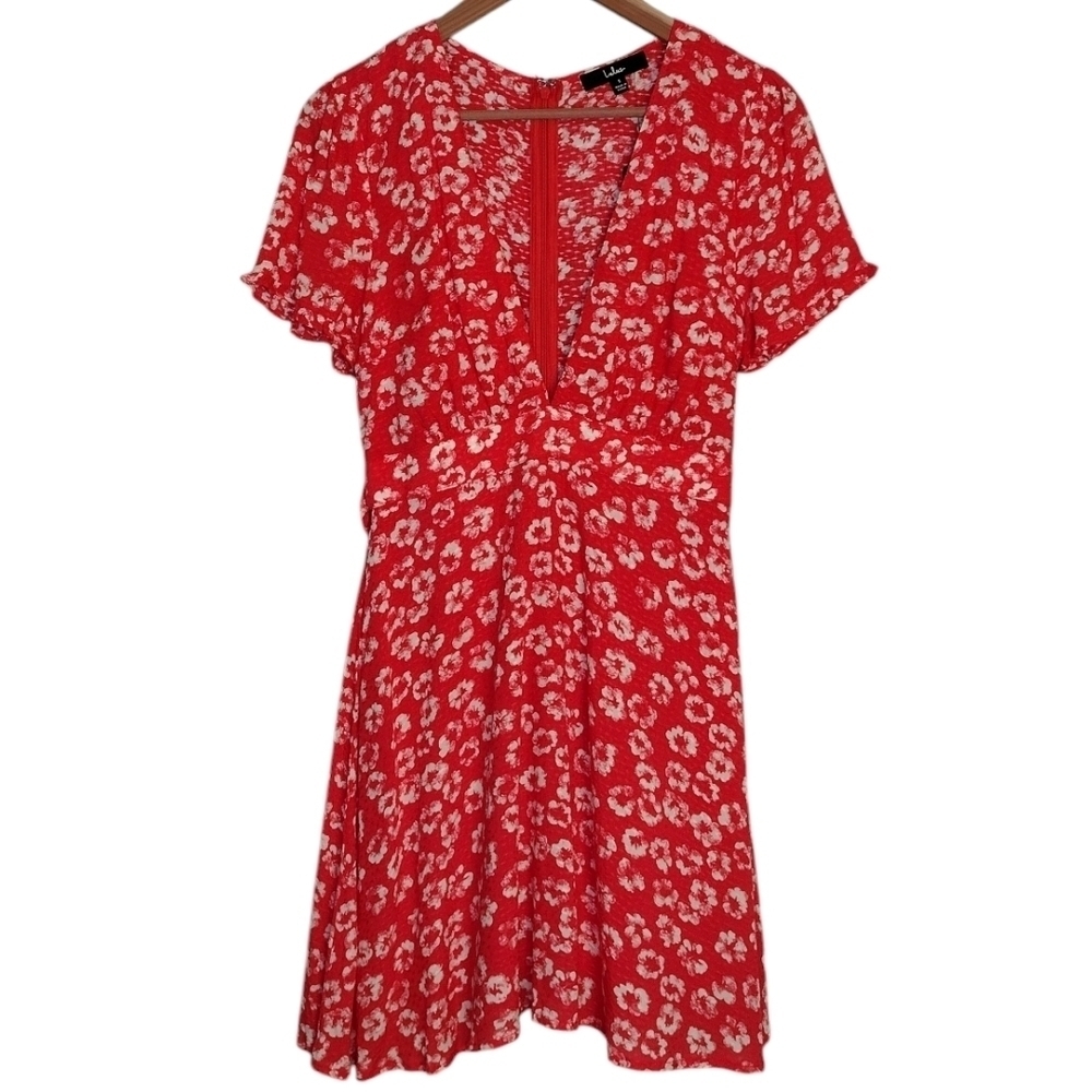 NWT Lulus Garden Explorer Red Floral Print Textured Deep V Neck Midi Dress Sz S
